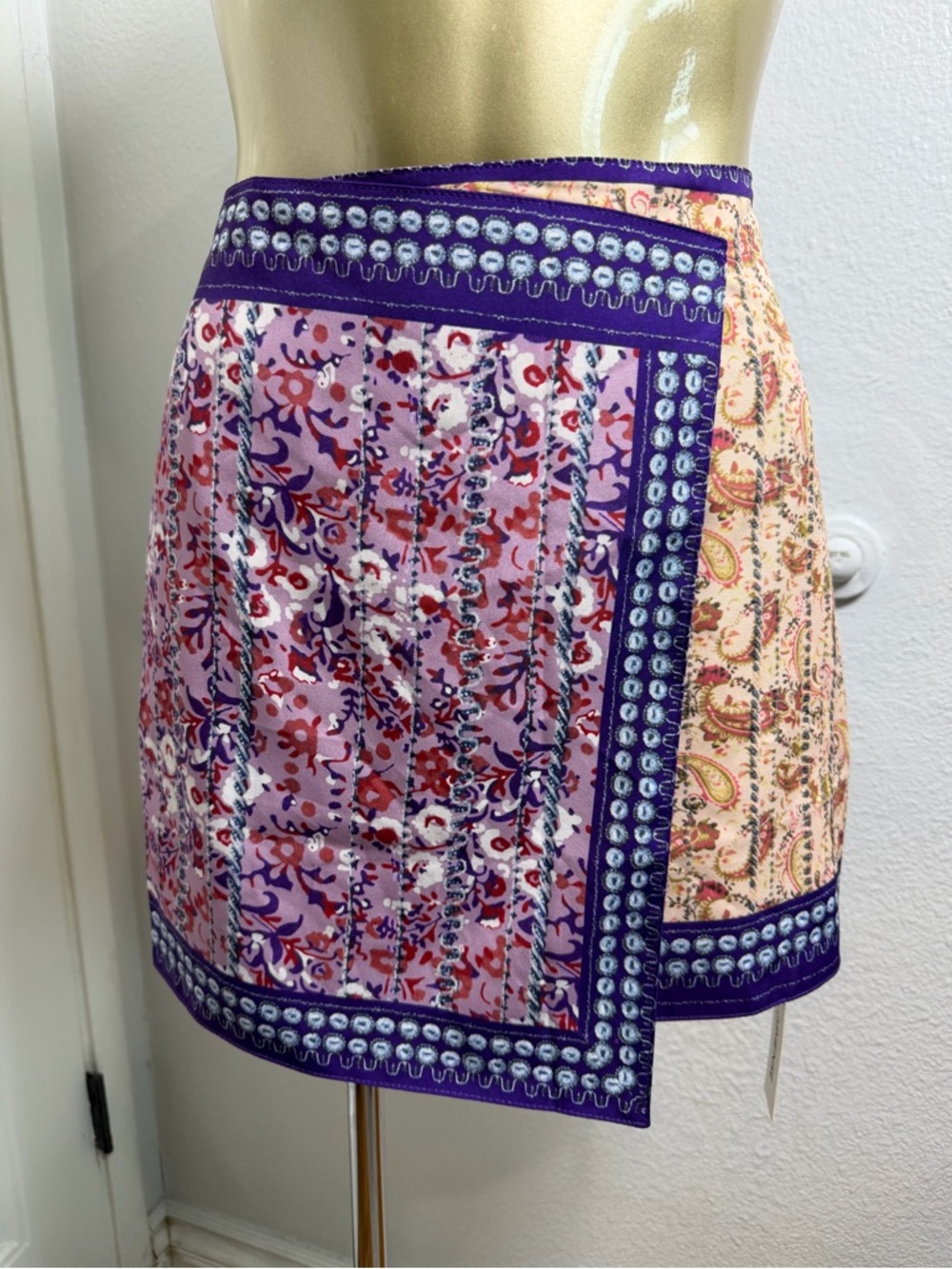 Commense Purple & Cream Patchwork Mini Skirt S